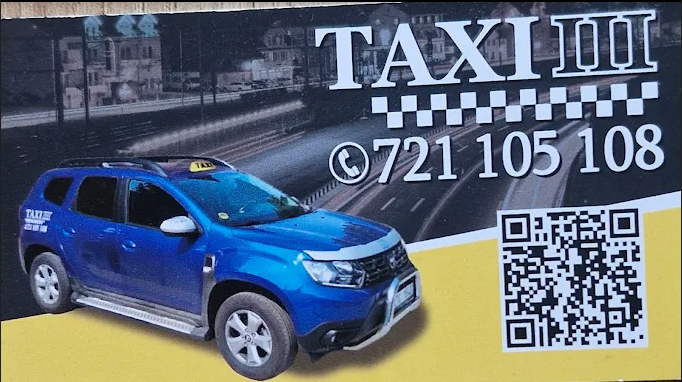 Vizitka Taxi III – modré taxi, telefon 721 105 108 a QR kód